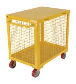 The Vestil Tool Box 24 X 36 Expanded Metal 13 Cu Ft is a yellow metal utility cart with red caster wheels, wire mesh sides, and a flat top surface, offering easy transport and ample space for your items.