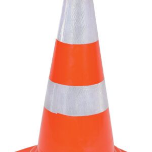 The Vestil Heavy Duty Traffic Cone 27-1/2 In is an orange cone with two reflective white stripes, stably placed on a square base.