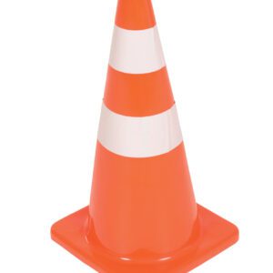 A Vestil Standard Duty Traffic Cone 27-1/2 In with two white reflective stripes is placed on a flat surface.