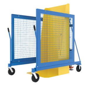 A blue metal panel cart with mesh sides and a yellow interior, similar to the versatile Vestil Univ Ac Trash Can Dumper 400Lb 48.56, features four wheels and dual handles for easy maneuverability.