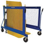 The Vestil Univ Dc Trash Can Dumper 400Lb 48.56 is a blue and yellow industrial cage with metal mesh panels, a hinged door, and wheels. It features handles for easy maneuverability and is designed for safe lifting or transporting of heavy materials up to 400 lbs.