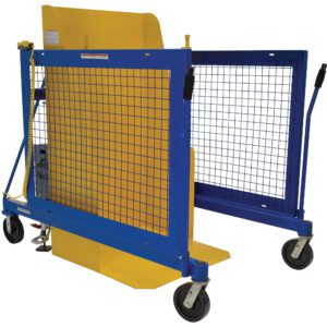 The Vestil Univ Dc Trash Can Dumper 400Lb 48.56 is a blue and yellow industrial cage with metal mesh panels, a hinged door, and wheels. It features handles for easy maneuverability and is designed for safe lifting or transporting of heavy materials up to 400 lbs.
