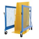 A Vestil Univ DC Trash Can Dumper, bearing a 400-pound capacity and 59.82-inch height, showcases a yellow and blue design with two mesh side panels, wheel locks, a flat yellow base, and dual handles for easy maneuverability.