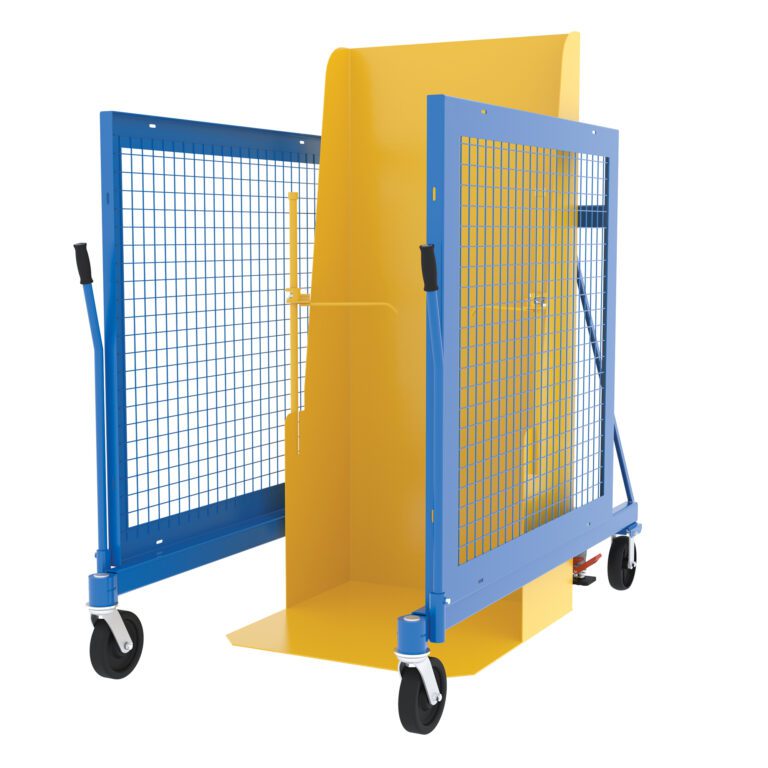 TCD-U-60-DC_A.jpg A Vestil Univ DC Trash Can Dumper, bearing a 400-pound capacity and 59.82-inch height, showcases a yellow and blue design with two mesh side panels, wheel locks, a flat yellow base, and dual handles for easy maneuverability.