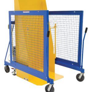 The Vestil Univ DC Trash Can Dumper 400lb 71.94 is a yellow and blue industrial cart with mesh siding, four wheels, two handles, and a hinged side door, perfect for transporting or securing items in an industrial environment.