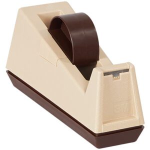 The 3M™ C25 3 Core Table Top Dispenser, in beige and brown, showcases a transparent tape roll embossed with 3M, and features a weighted base and angled body for easy access, ideal for your workspace.