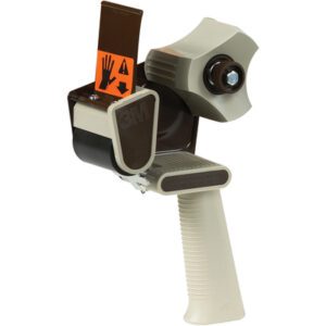 Introducing the 3M™ H180 2 Industrial Carton Sealing Tape Dispenser—a beige and brown tool featuring a ridged grip handle, circular tape holder, and sharp metal cutter. With its orange safety label, it combines precision with safety for every task.
