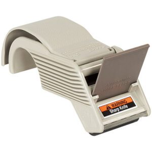 The 3M™ H192 - 2 Deluxe Carton Sealing Tape Dispenser is a beige plastic tool equipped with a handle and blade, displaying an orange and black Sharp Knife warning, designed for precise cutting tasks.
