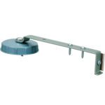 An industrial green metal water level indicator, similar to the 3M™ M73 Bracket Tape Dispenser, features a round float, two mounting screws on a straight arm, and a clamp for securing. It is designed to measure water levels in tanks or reservoirs.