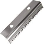 Close-up of a 3M Replacement Blade for M75 Dispenser, showcasing a shiny serrated metal edge with two circular holes near the top, expertly designed with sharp teeth for cutting or scraping.