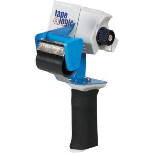 A Tape Logic® 2 Comfort Grip Carton Sealing Tape Dispenser in blue and black has a rugged handle, partially extended tape, a metal cutting edge, and proudly displays tape logic on the label.