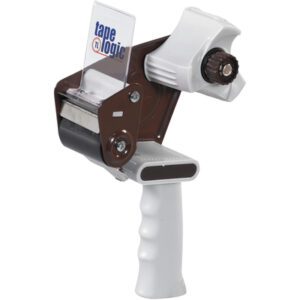 Introducing the Tape Logic® 2 Deluxe Carton Sealing Tape Dispenser, a handheld tool with a white handle, brown and black accents, and a clear guard. It features a cutting gear and top roll holder with Tape Logic on the guard for effective carton sealing.