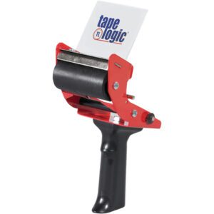 The Tape Logic® 3 Mouse Trap Carton Sealing Tape Dispenser boasts a practical red and black design with an ergonomic black handle, effectively holding a roll of tape. The Tape Logic logo is stylishly printed on the white flap, making it ideal for packaging and sealing boxes.