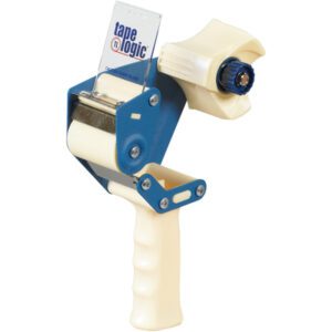 The Tape Logic® 2 Heavy-Duty Carton Sealing Tape Dispenser features a beige handle, blue frame, serrated edge for smooth cutting, protective flap, and brand label display—perfect for packaging tape rolls.