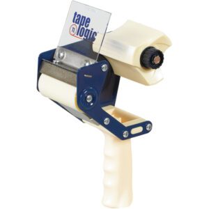 The Tape Logic® 3 Heavy-Duty Carton Sealing Tape Dispenser features a cream handle, transparent guard, and a black tension control knob for precise tape handling.