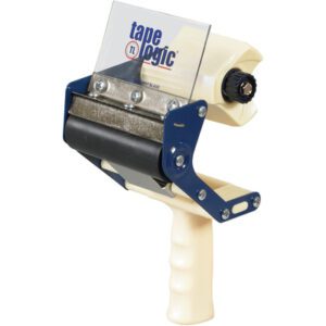 The Tape Logic® 4 Carton Sealing Tape Dispenser in beige and blue includes a visible black roller, serrated blade, transparent shield displaying the brand name, and an ergonomic grip handle for effortless tape application.