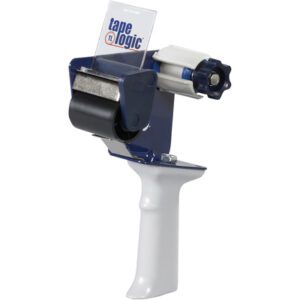 The Tape Logic® 2 Long Roll Carton Sealing Tape Dispenser has a white handle, dark blue holder, visible black tape, and top branding. It includes a cutter for easy use and is sold in cases of 24.