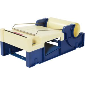 Introducing the MH-USA 6 Plastic Label Protection Tape Dispenser, featuring a beige and blue plastic body with a large roll holder and metal cutting edge, ideal for efficient packing or sealing tasks.