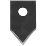 This sharp blade, similar to MH-USA Replacement Tape Cutting Blades for 3/8 Bag Taper (10/Case), has a pointed triangular end and an oval hole, with a shiny surface reflecting light, suggesting its role as a precise cutting or scraping tool component.