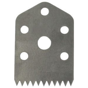 The MH-USA Replacement Tape Cutting Blades for 5/8 Bag Taper (10/Case) feature a trapezoidal shape with sharp, jagged teeth on the bottom edge and five round holes above, showcasing a distinctive metallic texture.