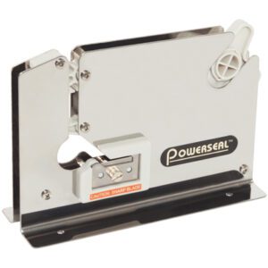 Introducing the MH-USA 3/8 Stainless Steel Heavy-Duty Bag Taper w/Trimmer. This sleek silver bag taper, featuring black and white accents, offers a stable flat base and caution label for its sharp blade, efficiently handling all your sealing tasks.