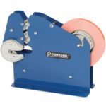 The MH-USA 5/8 Wide Neck Heavy-Duty Bag Taper w/Trimmer is a blue tabletop bag sealer with metallic parts, includes a pink tape roll, and has Powerseal printed on the side for efficient and secure bag sealing.