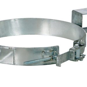 The Vestil Galvanized Tilting Drum Ring 30 Gallon features a metal industrial clamp, circular design, two rectangular brackets linked by chains, and adjustable bolts for efficient securing of pipes or similar objects.
