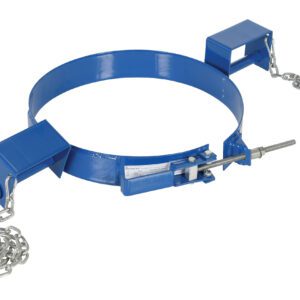 The Vestil Blue Tilting Drum Ring 30 Gallon is a sturdy metal clamp with chains and a screw mechanism, designed for securing 30-gallon cylindrical objects. Its robust design makes it ideal for heavy-duty tasks.