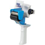 The Tape Logic® 2 Industrial Carton Sealing Tape Dispenser is a blue and white handheld tool featuring a sturdy white handle, black tape roll, metal cutting edge, and adjustable tension knob for precise application.