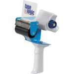 The Tape Logic® 3 Industrial Carton Sealing Tape Dispenser features a blue, white design with a white handle and includes a roll of black tape.