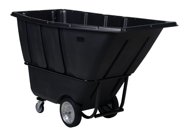 The Vestil Heavy Duty Tilt Truck 1 Cu Yd Black boasts a sturdy design with two large rear wheels and a smaller front wheel, ideal for heavy-duty tasks such as efficiently moving materials or waste thanks to its deep basin.