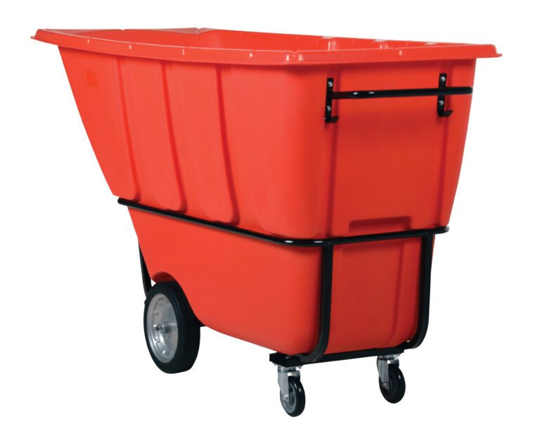 TDT-100-HD-RED_A.jpg The Vestil Heavy Duty Tilt Truck 1 Cu Yd Red boasts a durable black metal frame, two strong rear wheels, and two smaller front swivel casters in a striking red finish, ideal for efficient maneuvering on a white background.