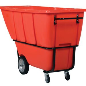 The Vestil Heavy Duty Tilt Truck 1 Cu Yd Red boasts a durable black metal frame, two strong rear wheels, and two smaller front swivel casters in a striking red finish, ideal for efficient maneuvering on a white background.