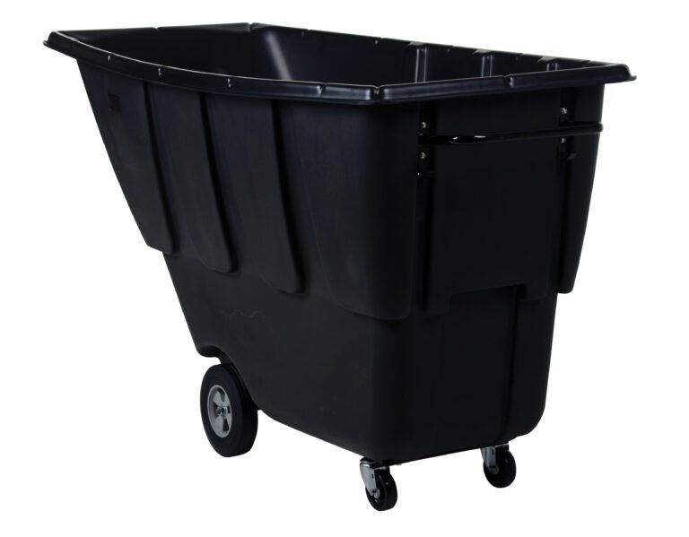 The Vestil Light Duty Tilt Truck 1 Cu Yd Black is an industrial utility cart with a deep bin, featuring two small front wheels and two larger back wheels for easy maneuverability, perfect for efficiently transporting heavy or bulky items.