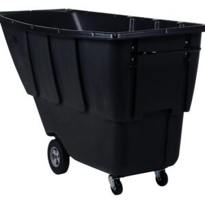 The Vestil Light Duty Tilt Truck 1 Cu Yd Black is an industrial utility cart with a deep bin, featuring two small front wheels and two larger back wheels for easy maneuverability, perfect for efficiently transporting heavy or bulky items.