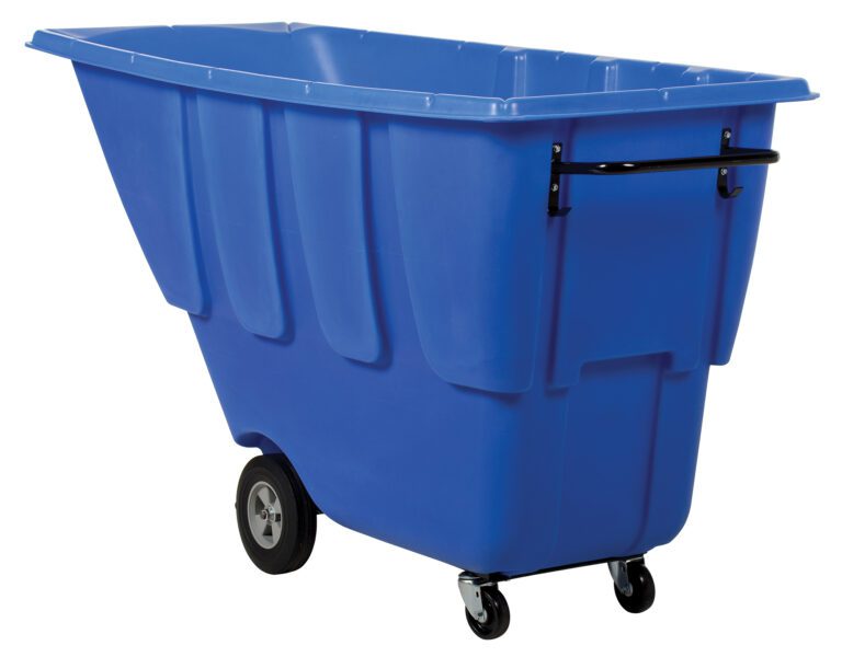 TDT-100-LD-BLUE_A.jpg The Vestil Light Duty Tilt Truck 1 Cu Yd Blue includes a spacious blue plastic body with large rear wheels, smaller front casters, and a side handle for easy maneuvering. Its deep rectangular container provides ample material capacity.