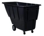 The Vestil Medium Duty Tilt Truck 1 Cu Yd Black has a deep rectangular container with a sleek finish, two large rear wheels, and front swivel casters for easy mobility.