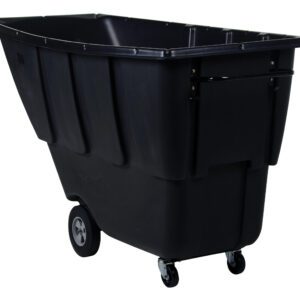 The Vestil Medium Duty Tilt Truck 1 Cu Yd Black has a deep rectangular container with a sleek finish, two large rear wheels, and front swivel casters for easy mobility.