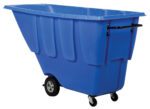 The Vestil Medium Duty Tilt Truck 1 Cu Yd Blue is a spacious, blue trash cart with a black handle, designed in a rectangular shape. It has two large rear wheels and two smaller front wheels, enhancing mobility.