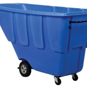The Vestil Medium Duty Tilt Truck 1 Cu Yd Blue is a spacious, blue trash cart with a black handle, designed in a rectangular shape. It has two large rear wheels and two smaller front wheels, enhancing mobility.