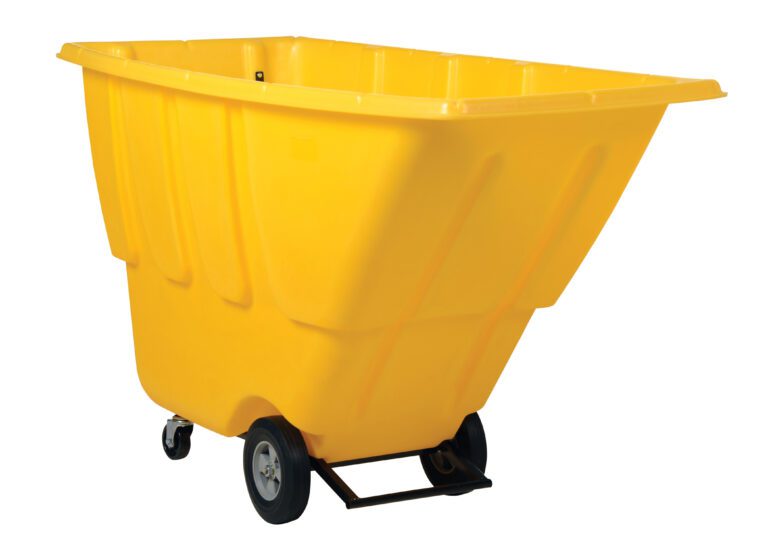 The Vestil Medium Duty Tilt Truck 1 Cu Yd Yellow is a robust tilt truck with a spacious, deep rectangular body on four wheels. It has ribbed sides for added durability and a black metal base with handles for easy maneuverability.