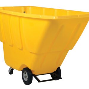 The Vestil Medium Duty Tilt Truck 1 Cu Yd Yellow is a robust tilt truck with a spacious, deep rectangular body on four wheels. It has ribbed sides for added durability and a black metal base with handles for easy maneuverability.