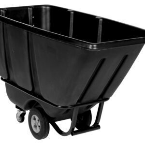 The Vestil Heavy Duty Tilt Truck 1/2 Cu Yd Black is a versatile utility cart with a sturdy metal frame and large black plastic bin, featuring two large rear wheels and a front swivel caster for easy maneuverability.