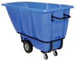 The Vestil Heavy Duty Tilt Truck 1/2 Cu Yd Blue is a solid industrial cart with a durable black handle, protective rails, two large rear wheels, and swivel front casters for easy transport of heavy goods.