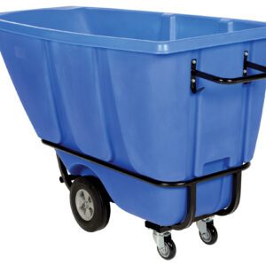 The Vestil Heavy Duty Tilt Truck 1/2 Cu Yd Blue is a solid industrial cart with a durable black handle, protective rails, two large rear wheels, and swivel front casters for easy transport of heavy goods.