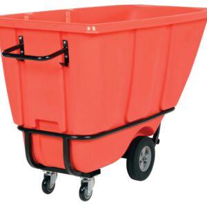 The Vestil Heavy Duty Tilt Truck 1/2 Cu Yd Red features a sturdy black frame, large rear wheels, and front casters, making it ideal for efficiently moving heavy loads or waste in commercial spaces.