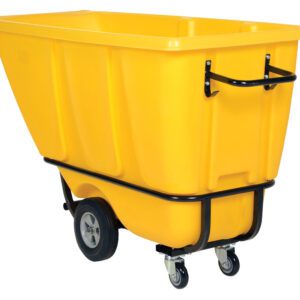 The Vestil Heavy Duty Tilt Truck is a large industrial plastic cart in yellow, featuring a black handle and sturdy metal frame. It has four wheels: two large rear wheels and two front swivel casters. The empty cart sits against a white background.