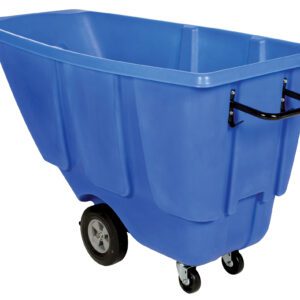 The Vestil Light Duty Tilt Truck 1/2 Cu Yd Blue is a roomy utility cart with a black handle, four wheels—two large rear ones for stability and two smaller front swivel casters for better maneuverability.