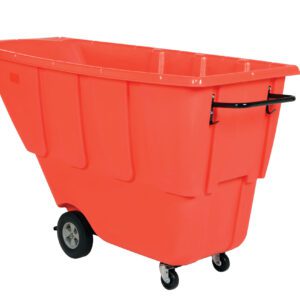 The Vestil Light Duty Tilt Truck 1/2 Cu Yd Red, featuring a red plastic utility cart with angled sides and a rectangular shape, offers easy maneuverability thanks to its two large rear fixed wheels, front swiveling wheels, and black handle.