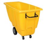 The Vestil Light Duty Tilt Truck 1/2 Cu Yd Yellow features a robust yellow plastic design with a black handle, four wheels (two large rear and two smaller swivel front), ensuring easy maneuverability for light tasks.